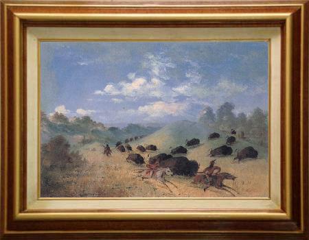 framed  George Catlin Comanche Indians Chasing Buffalo with Lances and Bows, Ta3143-1